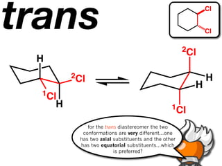 trans                                                      Cl


                                                           Cl

                                                     2Cl
 H
         2Cl                                               H
                                                       H
  1Cl
     H                                          1Cl

             for the trans diastereomer the two
           conformations are very different...one
          has two axial substituents and the other
          has two equatorial substituents...which
                         is preferred?
 