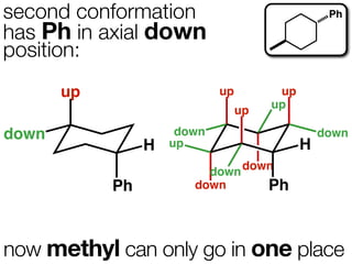 second conformation                               Ph

has Ph in axial down
position:
       up                    up         up
                                  up   up

down                  down                       down
                 H   up                      H
                          down down
            Ph          down      Ph



now methyl can only go in one place
 
