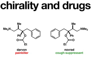 chirality and drugs
        Me                   Me
Me2N                               NMe2

       Ph O              O Ph
       O                    O
          Et            Et
        darvon           novrad
       painkiller   cough-suppressant
 