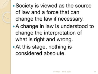 Society is viewed as the source
of law and a force that can
change the law if necessary.
A change in law is understood to
change the interpretation of
what is right and wrong.
At this stage, nothing is
considered absolute.
1/11/2023 14
M. M. ZOSI
 