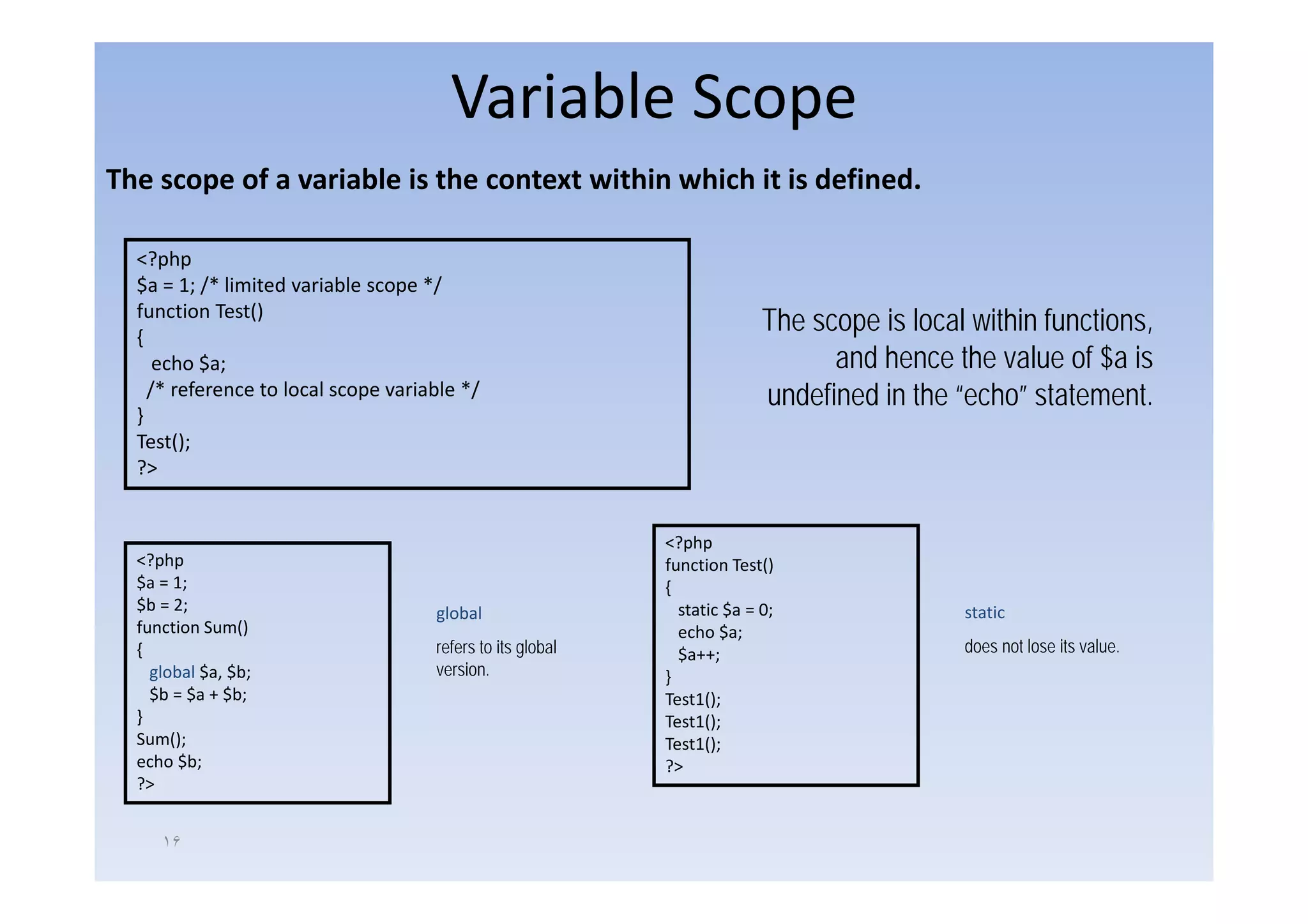 Variable Scope
The scope of a variable is the context within which it is defined.

  <?php
    ? h
  $a = 1; /* limited variable scope */
  function Test()
  {
                                                                          The scope is local within functions,
     echo $
       h $a;                                                                    and hence the value of $a is
    /* reference to local scope variable */                               undefined in the “echo” statement.
  }
  Test();
  ?>
  ?


                                                            <?php
  <?php
     p p                                                    function Test()
  $a = 1;                                                   {
  $b = 2;                            global                   static $a = 0;                static
  function Sum()                                              echo $a;
  {                                  refers to its global     $a++;                         does not lose its value.
    global $a $b;
           $a,                       version.
                                     version                }
    $b = $a + $b;                                           Test1();
  }                                                         Test1();
  Sum();                                                    Test1();
  echo $b;                                                  ?>
  ?>


     ١۶
 