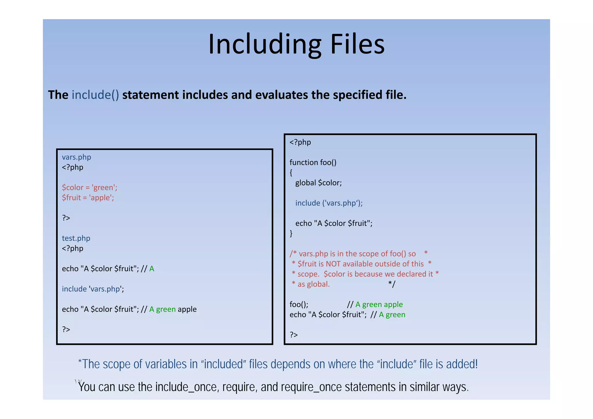 Including Files
The include() statement includes and evaluates the specified file.


                                                       <?php
  vars.php
                                                       function foo()
  <?php
                                                       {
                                                         global $color;
  $color = 'green';
  $fruit = 'apple';
                                                           include ('vars.php‘);
  ?>
                                                           echo "A $color $fruit";
                                                       }
  test.php
  <?php
                                                       /
                                                       /* vars.php is in the scope of foo() so *
                                                               p p              p        ()
                                                        * $fruit is NOT available outside of this *
  echo "A $color $fruit"; // A
                                                        * scope. $color is because we declared it *
                                                        * as global.                 */
  include 'vars.php';
                                                       foo();          // A green apple
  echo "A $color $fruit"; // A green apple
                                                       echo "A $color $fruit"; // A green
  ?>
                                                       ?>


        *The scope of variables in “included” files depends on where the “include” file is added!
       ١٧
        You can use the include_once, require, and require_once statements in similar ways.
 