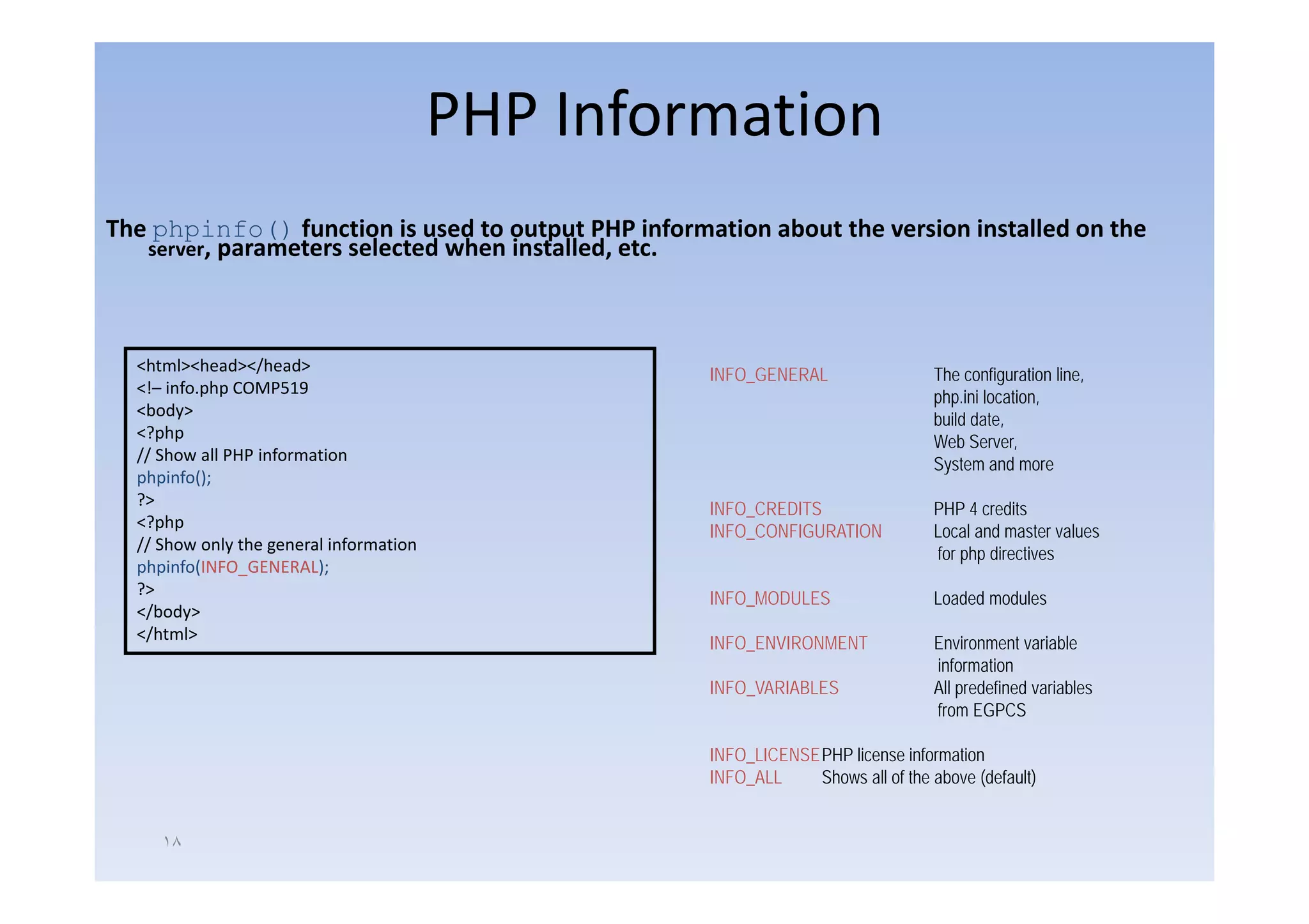 PHP Information
The phpinfo() function is used to output PHP information about the version installed on the 
   server, parameters selected when installed, etc.
         , parameters selected when installed, etc.



  <html><head></head>
                                                     INFO_GENERAL                  The configuration line,
  <!– info.php COMP519
                                                                                   php.ini location,
  <body>
                                                                                   build date,
  <?php
                                                                                   Web Server,
  // Show all PHP information
                                                                                   System and more
  phpinfo();
  ?>
                                                     INFO_CREDITS                  PHP 4 credits
  <?php
                                                     INFO_CONFIGURATION            Local and master values
  // Show only the general information
                                                                                   for php directives
  phpinfo(INFO_GENERAL);
  phpinfo(INFO GENERAL);
  ?>
                                                     INFO_MODULES                  Loaded modules
  </body>
  </html>
                                                     INFO_ENVIRONMENT              Environment variable
                                                                                   information
                                                     INFO_VARIABLES                All predefined variables
                                                                                   from EGPCS

                                                     INFO_LICENSEPHP license information
                                                     INFO_ALL
                                                     INFO ALL    Shows all of the above (default)


     ١٨
 