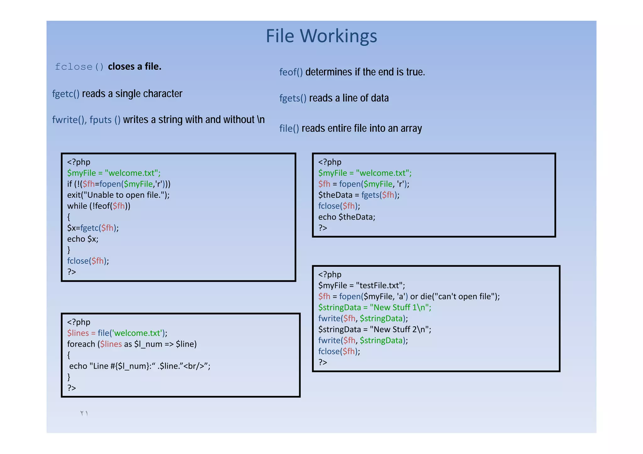 File Workings
fclose() closes a file.
                                                          feof() determines if the end is true
                                                                                          true.

fgetc() reads a single character                          fgets() reads a line of data

fwrite(), fputs () writes a string with and without n
      (), p                      g
                                                          file() reads entire f into an array
                                                                              file


   <?php                                                           <?php
   $myFile = "welcome.txt";
               welcome.txt ;                                       $myFile = "welcome.txt";
                                                                               welcome.txt ;
   if (!($fh=fopen($myFile,'r')))                                  $fh = fopen($myFile, 'r');
   exit("Unable to open file.");                                   $theData = fgets($fh);
   while (!feof($fh))                                              fclose($fh);
   {                                                               echo $theData;
   $x=fgetc($fh);                                                  ?>
   echo $x;
   }
   fclose($fh);
   ?>                                                              <?php
                                                                      p p
                                                                   $myFile = "testFile.txt";
                                                                   $fh = fopen($myFile, 'a') or die("can't open file");
                                                                   $stringData = "New Stuff 1n";
   <?php                                                           fwrite($fh, $stringData);
   $lines = fil (' l
   $li      file('welcome.txt');
                             ')                                    $stringData = "New Stuff 2n";
                                                                                   New       2n ;
   foreach ($lines as $l_num => $line)                             fwrite($fh, $stringData);
   {                                                               fclose($fh);
    echo "Line #{$l_num}:“ .$line.”<br/>”;                         ?>
   }
   ?>

      ٢١
 