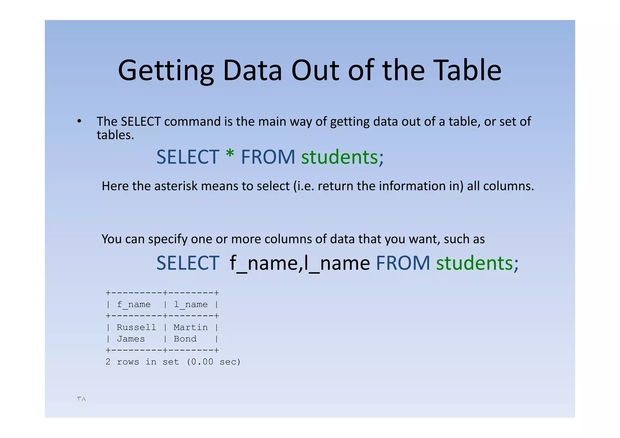 Getting Data Out of the Table
•    The SELECT command is the main way of getting data out of a table or set of
                                                                 table,
     tables.
               SELECT * FROM students;
     Here the asterisk means to select (i.e. return the information in) all columns.


     You can specify one or more columns of data that you want, such as
               SELECT f name,l name FROM students;
                      f_name,l_name
      +---------+--------+
      | f_name | l_name |
      +---------+--------+
      | Russell | Martin |
      | James   | Bond   |
      +---------+--------+
      2 rows in set (0.00 sec)


٣٨
 