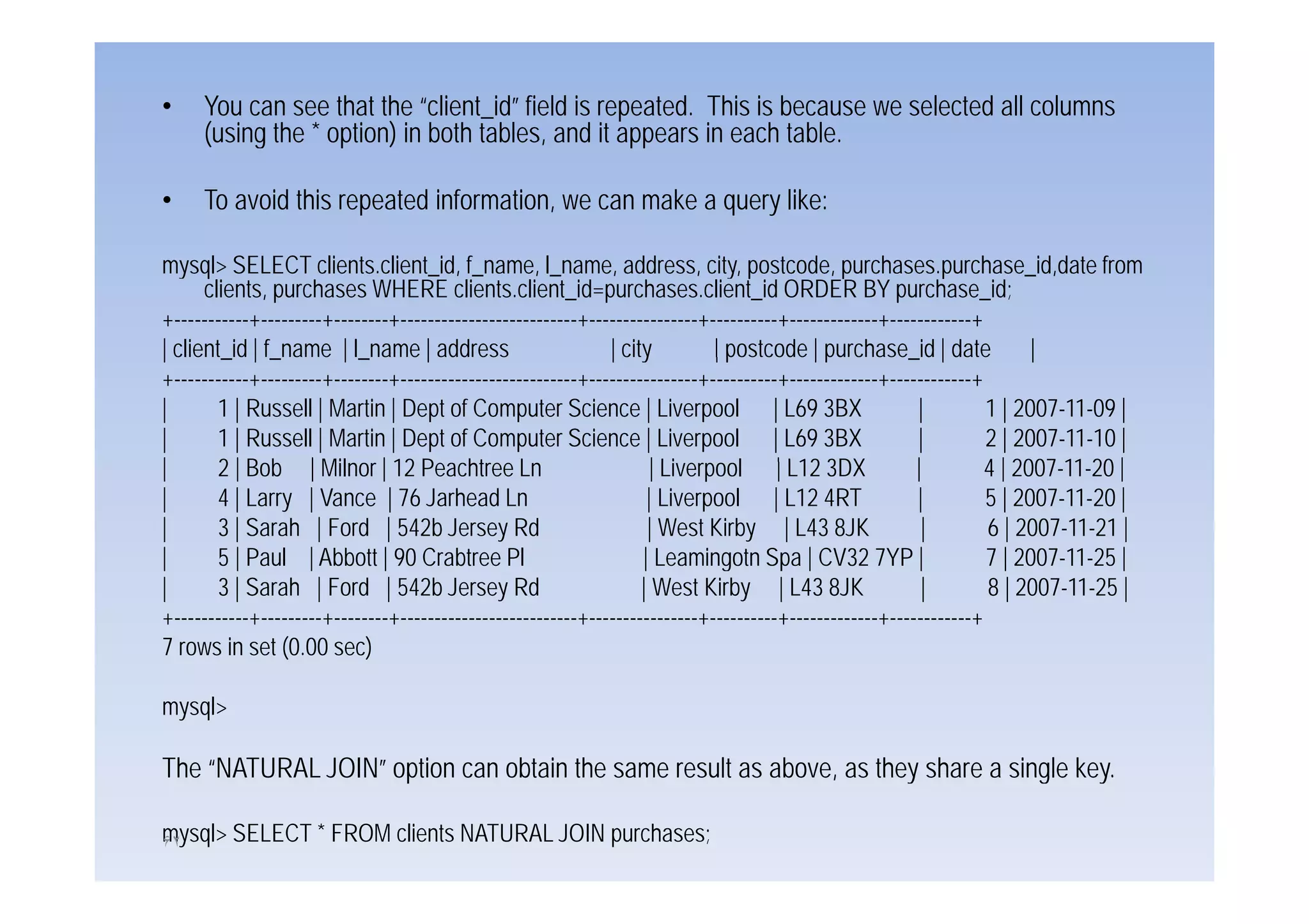 •    You can see that the “client_id” field is repeated. This is because we selected all columns
     (
     (using the * option) in both tables, and it appears in each table.
          g        p )                            pp

•    To avoid this repeated information, we can make a query like:

mysql> SELECT clients.client_id, f_name, l_name, address, city, postcode, purchases.purchase_id,date from
      clients, purchases WHERE clients.client_id=purchases.client_id ORDER BY purchase_id;
+-----------+---------+--------+--------------------------+----------------+----------+-------------+------------+
| client_id | f_name | l_name | address
  ce d            a e         a e add ess                     | city
                                                                c y          | postcode | purchase id | date
                                                                               pos code pu c ase_ d da e                 |
+-----------+---------+--------+--------------------------+----------------+----------+-------------+------------+
|       1 | Russell | Martin | Dept of Computer Science | Liverpool | L69 3BX                            |         1 | 2007-11-09 |
|       1 | Russell | Martin | Dept of Computer Science | Liverpool | L69 3BX                            |         2 | 2007-11-10 |
|       2 | B b | Milnor | 12 P ht Ln
            Bob       Mil          Peachtree L                      | Liverpooll | L12 3DX
                                                                      Li                                 |         4 | 2007 11 20 |
                                                                                                                       2007-11-20
|       4 | Larry | Vance | 76 Jarhead Ln                           | Liverpool | L12 4RT                |         5 | 2007-11-20 |
|       3 | Sarah | Ford | 542b Jersey Rd                           | West Kirby | L43 8JK                |        6 | 2007-11-21 |
|       5 | Paul | Abbott | 90 Crabtree Pl                         | Leamingotn Spa | CV32 7YP |
                                                                              g       p                            7 | 2007-11-25 |
|       3 | Sarah | Ford | 542b Jersey Rd                          | West Kirby | L43 8JK                 |        8 | 2007-11-25 |
+-----------+---------+--------+--------------------------+----------------+----------+-------------+------------+
7 rows in set (0.00 sec)

mysql>

The “NATURAL JOIN” option can obtain the same result as above, as they share a single key.
     NATURAL JOIN

mysql> SELECT * FROM clients NATURAL JOIN purchases;
۶٢
 