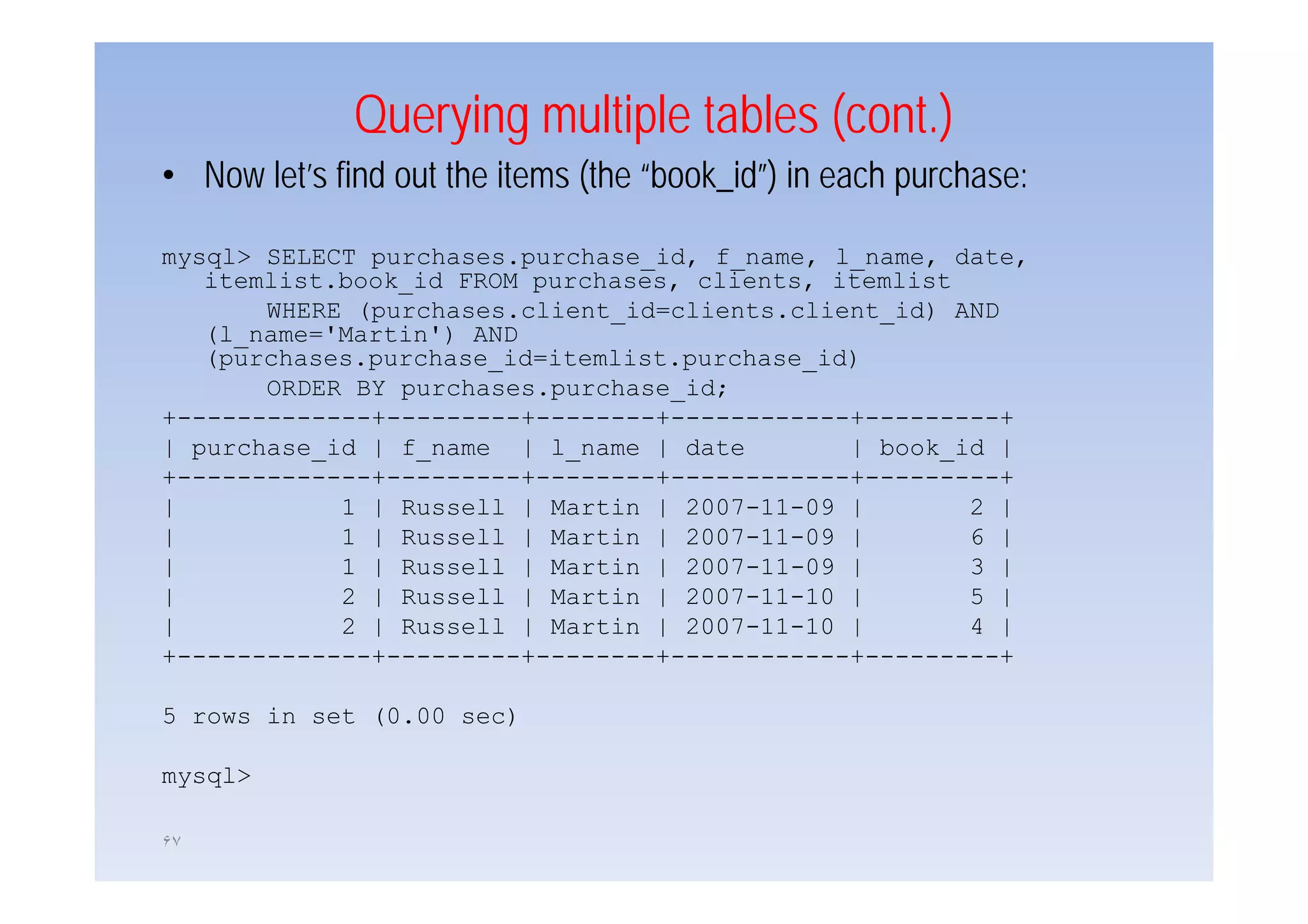 Querying multiple tables (cont.)
• Now let’s find out the items (the “book_id”) in each purchase:

mysql> SELECT purchases.purchase_id, f
    l>            h         h    id f_name, ll_name, d t
                                                      date,
   itemlist.book_id FROM purchases, clients, itemlist
       WHERE (purchases.client_id=clients.client_id) AND
   (l_name='Martin') AND
   (purchases.purchase_id=itemlist.purchase_id)
   (purchases purchase id=itemlist purchase id)
       ORDER BY purchases.purchase_id;
+-------------+---------+--------+------------+---------+
| purchase_id | f_name | l_name | date        | book_id |
+-------------+---------+--------+------------+---------+
|           1 | Russell | Martin | 2007-11-09 |        2 |
|           1 | Russell | Martin | 2007-11-09 |        6 |
|           1 | Russell | Martin | 2007-11-09 |        3 |
|           2 | Russell | Martin | 2007-11-10 |        5 |
|           2 | Russell | Martin | 2007-11-10 |        4 |
+-------------+---------+--------+------------+---------+

5 rows in set (0.00 sec)

mysql>

۶٧
 