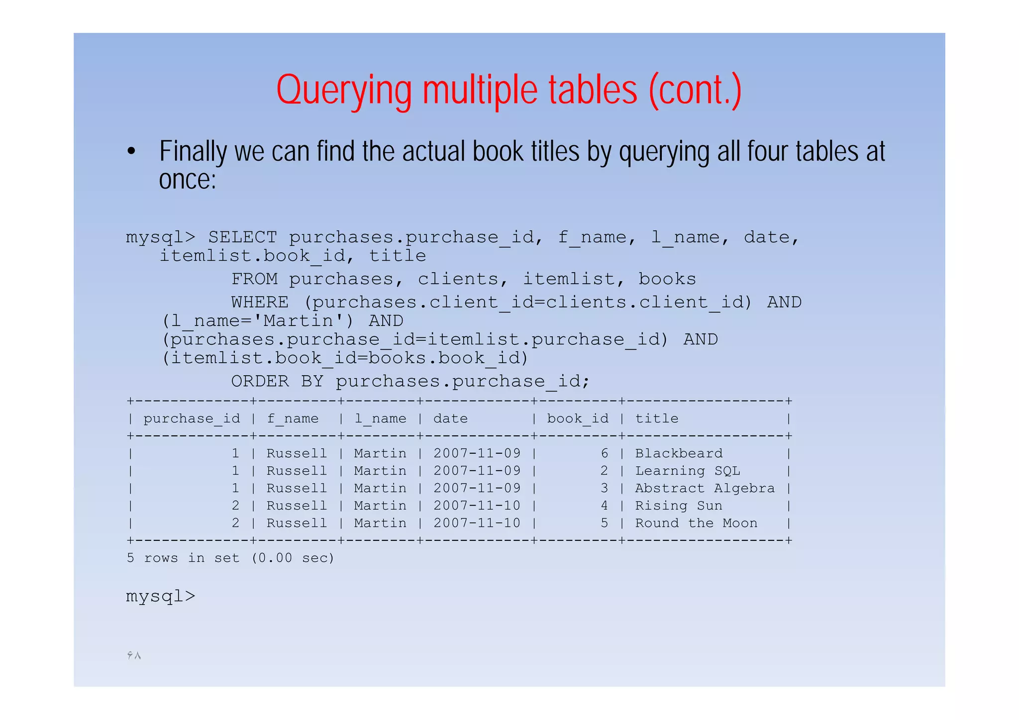 Querying multiple tables (cont.)
• Finally we can find the actual book titles by querying all four tables at
  once:
mysql> SELECT purchases.purchase_id, f_name, l_name, date,
   itemlist.book_id, title
         FROM purchases clients itemlist, books
              purchases, clients, itemlist
         WHERE (purchases.client_id=clients.client_id) AND
   (l_name='Martin') AND
   (purchases.purchase_id=itemlist.purchase_id) AND
   (itemlist.book_id books.book_id)
   (itemlist book id=books book id)
         ORDER BY purchases.purchase_id;
+-------------+---------+--------+------------+---------+------------------+
| purchase_id | f_name | l_name | date        | book_id | title            |
+-------------+---------+--------+------------+---------+------------------+
|           1 | Russell | Martin | 2007-11-09 |       6 | Blackbeard       |
|           1 | Russell | Martin | 2007-11-09 |       2 | Learning SQL     |
|           1 | Russell | Martin | 2007-11-09 |       3 | Abstract Algebra |
|           2 | Russell | Martin | 2007-11-10 |       4 | Rising Sun       |
|           2 | Russell | Martin | 2007-11-10 |
                                   2007 11 10         5 | Round the Moon   |
+-------------+---------+--------+------------+---------+------------------+
5 rows in set (0.00 sec)

mysql>


۶٨
 