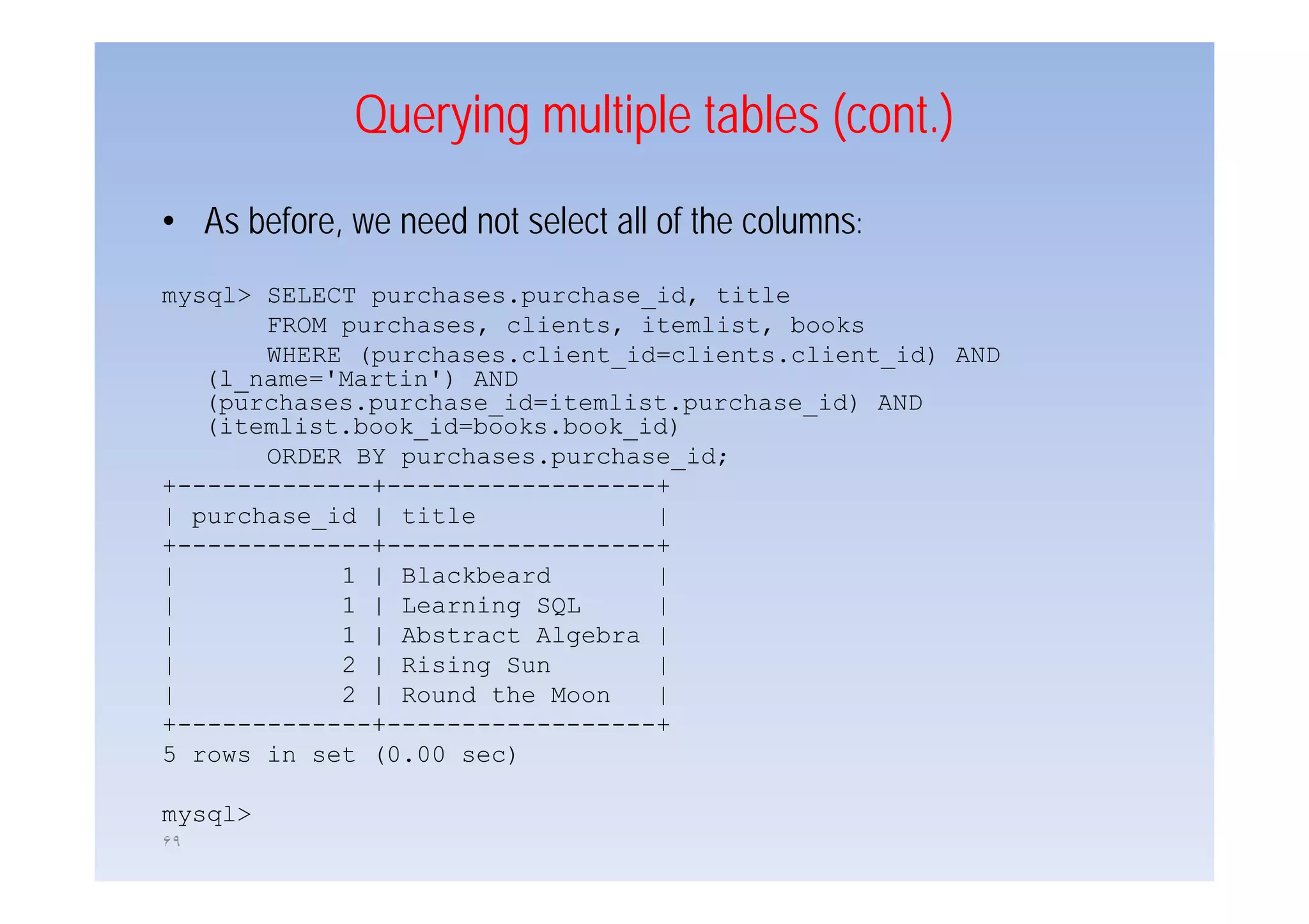 Querying multiple tables (cont.)
• As before, we need not select all of the columns:
mysql> SELECT purchases.purchase_id, title
       FROM purchases, clients, itemlist, books
       WHERE (purchases client id=clients client id) AND
             (purchases.client_id=clients.client_id)
   (l_name='Martin') AND
   (purchases.purchase_id=itemlist.purchase_id) AND
   (itemlist.book_id=books.book_id)
       ORDER BY purchases.purchase id;
                purchases.purchase_id;
+-------------+------------------+
| purchase_id | title            |
+-------------+------------------+
|           1 | Blackbeard       |
|           1 | Learning SQL     |
|           1 | Abstract Algebra |
|           2 | Rising Sun       |
|           2 | Round the Moon   |
+-------------+------------------+
5 rows in set (0.00 sec)

mysql>
۶٩
 