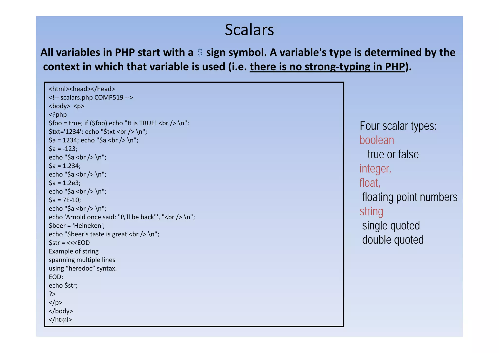 Scalars
All variables in PHP start with a $ sign symbol. A variable's type is determined by the
                                  $ g y                        yp                 y
context in which that variable is used (i.e. there is no strong‐typing in PHP).
 <html><head></head>
 <!‐‐ scalars.php
 <! scalars php COMP519 ‐‐>     >
 <body> <p>
 <?php
 $foo = true; if ($foo) echo "It is TRUE! <br /> n";
 $txt='1234'; echo "$txt <br /> n";
                                                                   Four scalar types:
 $a = 1234; echo "$a <br /> n";                                   boolean
                                                                   b l
 $a = ‐123;
 echo "$a <br /> n";                                                 true or false
 $a = 1.234;
 echo "$a <br /> n";
        $a br / n ;
                                                                   integer,
 $a = 1.2e3;                                                       float,
 echo "$a <br /> n";
 $a = 7E‐10;                                                        floating point numbers
 echo "$a <br /> n";
 echo 'Arnold once said: "I'll be back , "<br /> n";
        Arnold             I ll back"' <br n ;
                                                                   stringg
 $beer = 'Heineken';                                                single quoted
 echo "$beer's taste is great <br /> n";
 $str = <<<EOD                                                      double quoted
 Example of string
 spanning multiple lines
 using “heredoc” syntax.
 EOD;
 echo $str;
 ?>
 </p>
 </body>
 </html>
      ٧
 