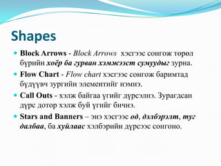 Shapes
 Block Arrows - Block Arrows õýñãýýñ ñîíãîæ òºðºë
  á¿ðèéí õî¸ð áà ãóðâàí õýìæýýñò ñóìóóäûã çóðíà.
 Flow Chart - Flow chart õýñãýýñ ñîíãîæ áàðèìòàä
  á¿ä¿¿â÷ çóðãèéí ýëåìåíòèéã íýìíý.
 Call Outs - õýëæ áàéãàà ¿ãèéã ä¿ðñýëíý. Çóðàãäñàí
  ä¿ðñ äîòîð õýëæ áóé ¿ãèéã áè÷íý.
 Stars and Banners – ýíý õýñãýýñ îä, äýëáýðýëò, òóã
  äàëáàà, áà õóéëààñ õýëáýðèéí ä¿ðñýýñ ñîíãîíî.
 