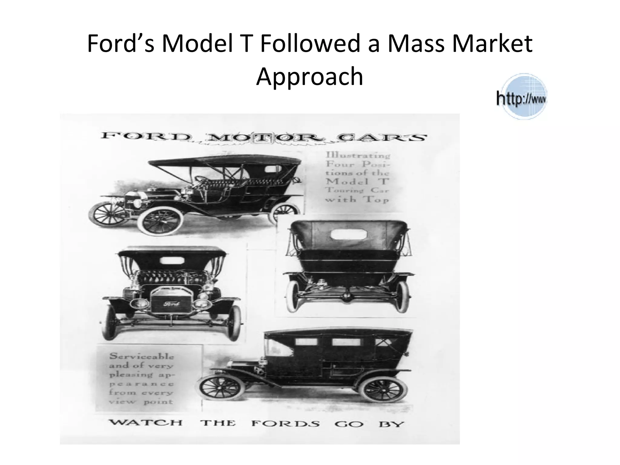 Ford’s Model T Followed a Mass Market
Approach
 