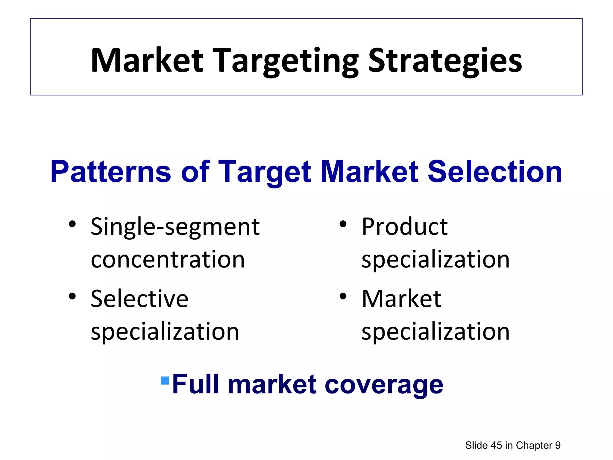 Market Targeting Strategies
• Single-segment
concentration
• Selective
specialization
• Product
specialization
• Market
specialization
Slide 45 in Chapter 9
Patterns of Target Market Selection
Full market coverage
 