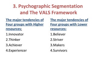 3. Psychographic Segmentation
and The VALS Framework
The major tendencies of
Four groups with Higher
resources:
1.Innovator
2.Thinker
3.Achiever
4.Experiencer
The major tendencies of
Four groups with Lower
resources:
1.Believer
2.Striver
3.Makers
4.Survivors
 