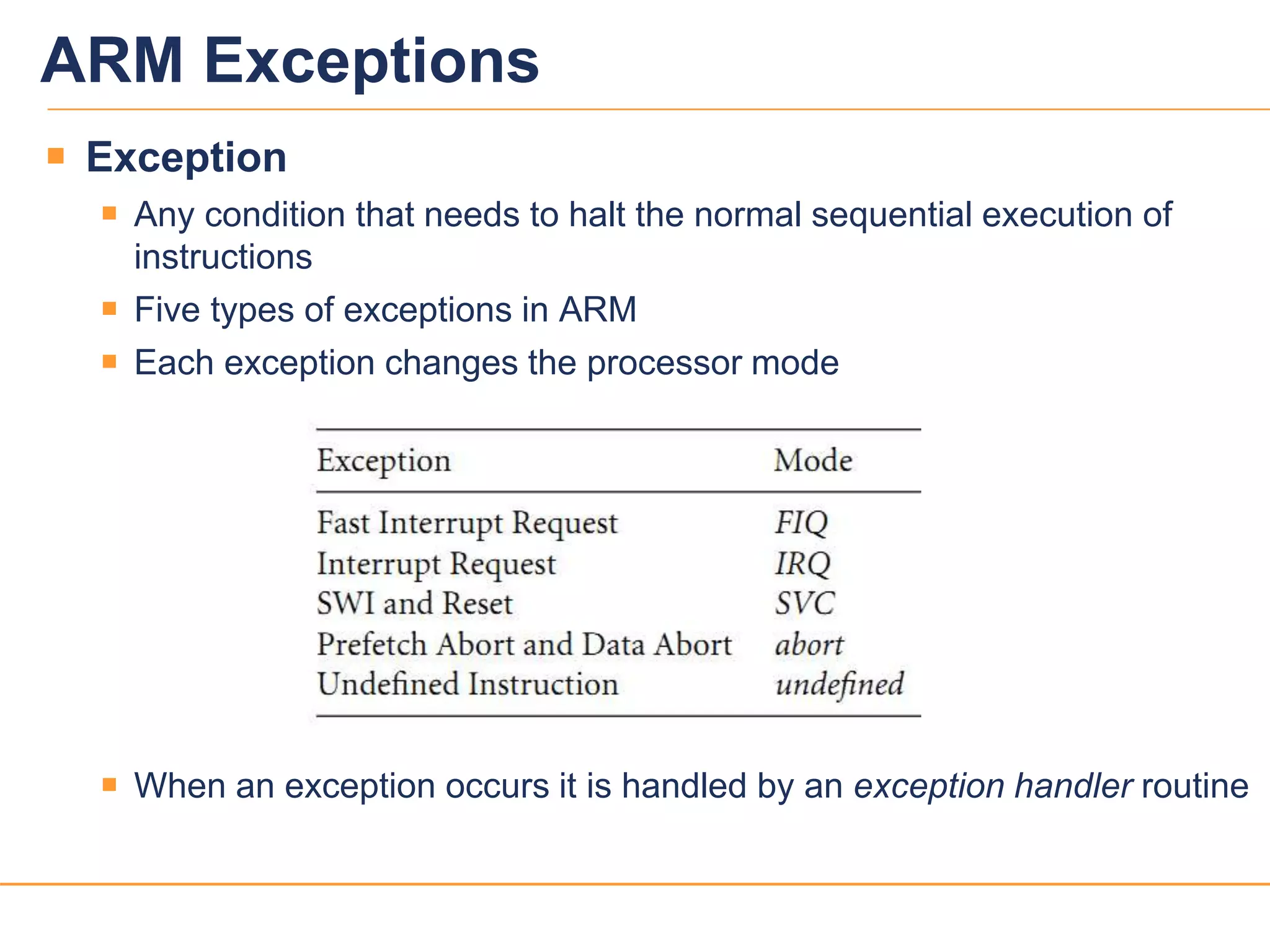 1212
ARM Exceptions
 Exception
 Any condition that needs to halt the normal sequential execution of
instructions
 Five types of exceptions in ARM
 Each exception changes the processor mode
 When an exception occurs it is handled by an exception handler routine
 