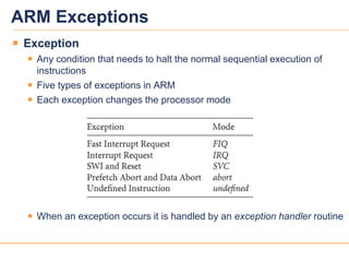 1212
ARM Exceptions
 Exception
 Any condition that needs to halt the normal sequential execution of
instructions
 Five types of exceptions in ARM
 Each exception changes the processor mode
 When an exception occurs it is handled by an exception handler routine
 