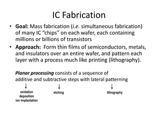 • Goal: Mass fabrication (i.e. simultaneous fabrication)
of many IC “chips” on each wafer, each containing
millions or billions of transistors
• Approach: Form thin films of semiconductors, metals,
and insulators over an entire wafer, and pattern each
layer with a process much like printing (lithography).
IC Fabrication
Planar processing consists of a sequence of
additive and subtractive steps with lateral patterning
oxidation
deposition
ion implantation
etching lithography
 