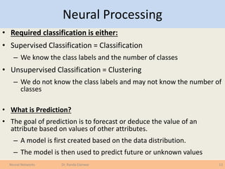 Neural Processing
• Required classification is either:
• Supervised Classification = Classification
– We know the class labels and the number of classes
• Unsupervised Classification = Clustering
– We do not know the class labels and may not know the number of
classes
• What is Prediction?
• The goal of prediction is to forecast or deduce the value of an
attribute based on values of other attributes.
– A model is first created based on the data distribution.
– The model is then used to predict future or unknown values
13Neural Networks Dr. Randa Elanwar
 