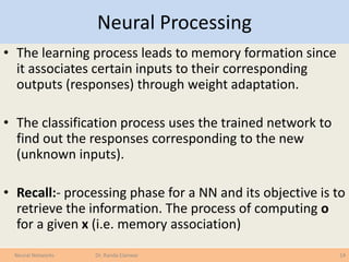 Neural Processing
• The learning process leads to memory formation since
it associates certain inputs to their corresponding
outputs (responses) through weight adaptation.
• The classification process uses the trained network to
find out the responses corresponding to the new
(unknown inputs).
• Recall:- processing phase for a NN and its objective is to
retrieve the information. The process of computing o
for a given x (i.e. memory association)
14Neural Networks Dr. Randa Elanwar
 