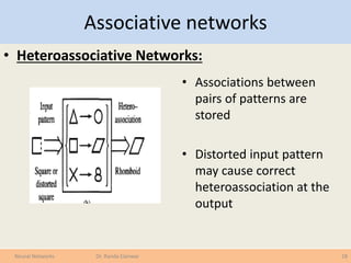Associative networks
• Heteroassociative Networks:
18Neural Networks Dr. Randa Elanwar
• Associations between
pairs of patterns are
stored
• Distorted input pattern
may cause correct
heteroassociation at the
output
 