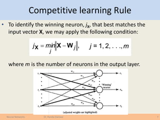 Competitive learning Rule
• To identify the winning neuron, jX, that best matches the
input vector X, we may apply the following condition:
where m is the number of neurons in the output layer.
7Neural Networks Dr. Randa Elanwar
,j
j
minj WXX  j = 1, 2, . . .,m
 