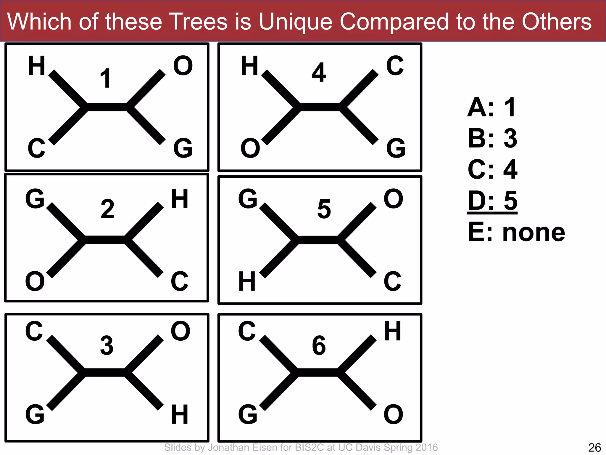 Slides by Jonathan Eisen for BIS2C at UC Davis Spring 2016
Which of these Trees is Unique Compared to the Others
26
H
C
O
G
G
O
H
C
C
G
O
H
H
O
C
G
G
H
O
C
C
G
H
O
1
2
3 6
5
4
A: 1
B: 3
C: 4
D: 5
E: none
 