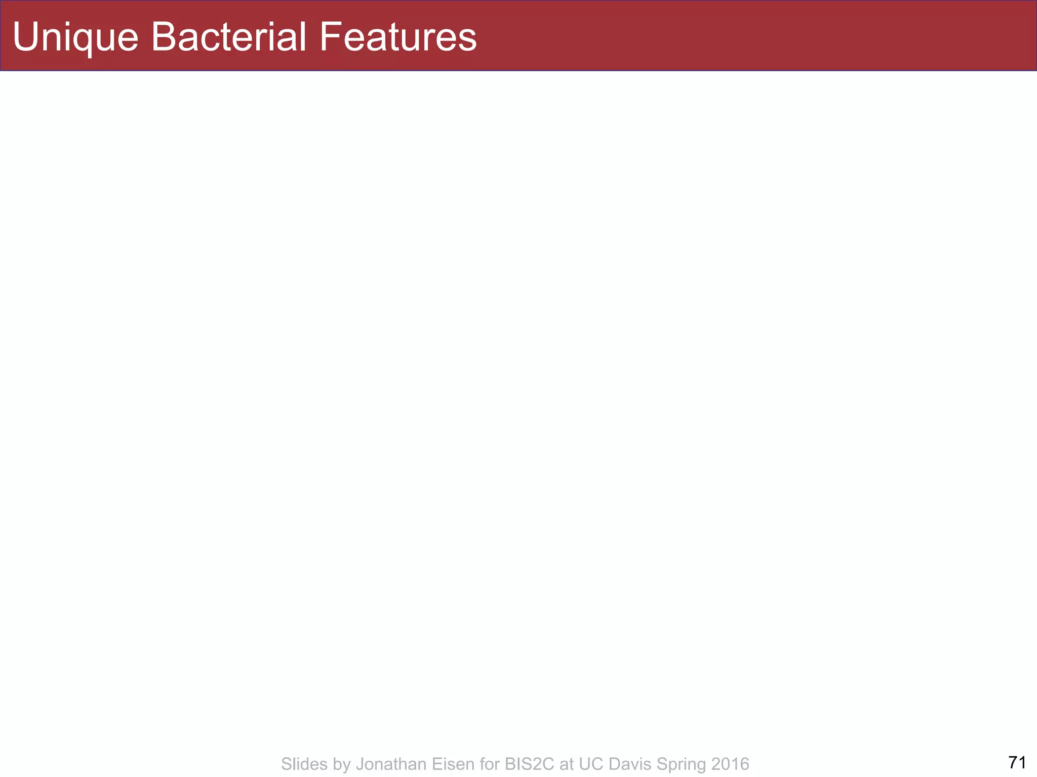 Slides by Jonathan Eisen for BIS2C at UC Davis Spring 2016
Unique Bacterial Features
71
 