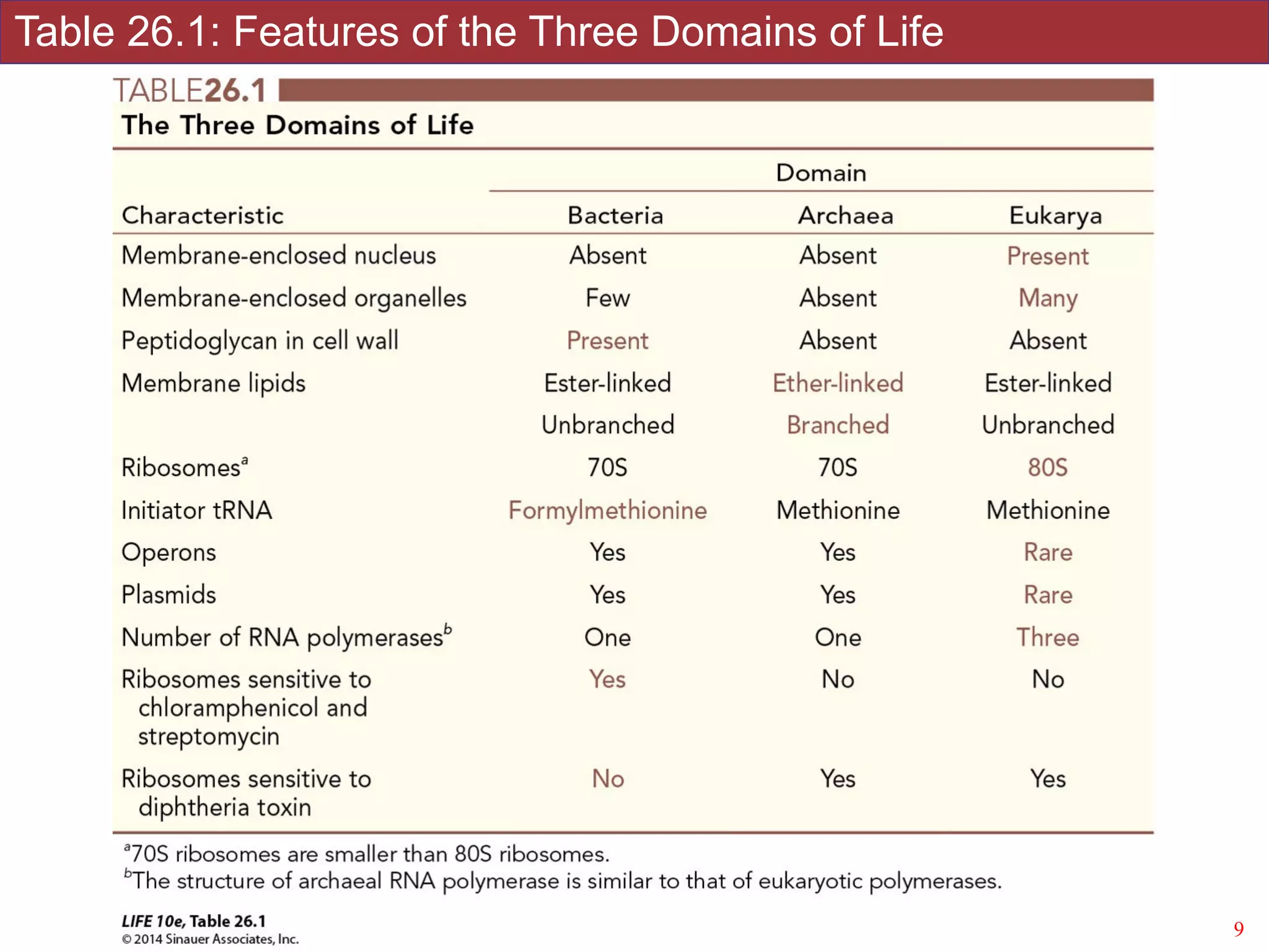 Slides by Jonathan Eisen for BIS2C at UC Davis Spring 2014
Table 26.1: Features of the Three Domains of Life
9
 
