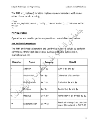 Subject: Web Design and Programming Lecturer: Ahmed Ali Saihood
8
The PHP str_replace() function replaces some characters with some
other characters in a string.
<?php
echo str_replace("world", "Dolly", "Hello world!"); // outputs Hello
Dolly!
?>
PHP Operators
Operators are used to perform operations on variables and values.
PHP Arithmetic Operators
The PHP arithmetic operators are used with numeric values to perform
common arithmetical operations, such as addition, subtraction,
multiplication etc.
Operator Name Example Result
+ Addition $x + $y Sum of $x and $y
- Subtraction $x - $y Difference of $x and $y
* Multiplication $x * $y Product of $x and $y
/ Division $x / $y Quotient of $x and $y
% Modulus $x % $y Remainder of $x divided by $y
** Exponentiation $x ** $y
Result of raising $x to the $y'th
power (Introduced in PHP 5.6)
 