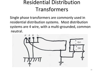 Residential Distribution
Transformers
Single phase transformers are commonly used in
residential distribution systems. Most distribution
systems are 4 wire, with a multi-grounded, common
neutral.
18
 