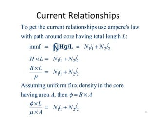 Current Relationships
'
1 1 2 2
'
1 1 2 2
'
1 1 2 2
To get the current relationships use ampere's law
with path around core having total length :
mmf
Assuming uniform flux density in the core
having area ,
L
d N i N i
H L N i N i
B L
N i N i
A
µ
Γ
= = +
× = +
×
= +
∫ H LgÑ
'
1 1 2 2
then B A
L
N i N i
A
φ
φ
µ
= ×
×
= +
× 6
 