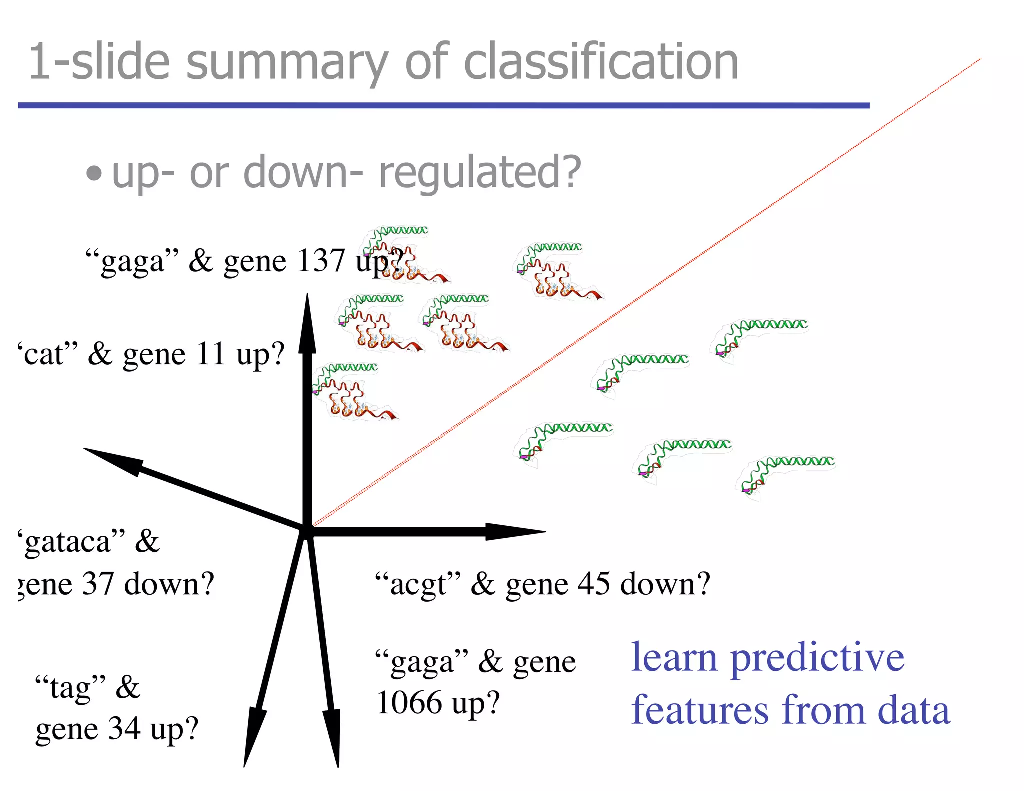 1-slide summary of classification
“acgt” & gene 45 down?
“cat” & gene 11 up?
“tag” &
gene 34 up?
“gataca” &
gene 37 down?
learn predictive
features from data
“gaga” & gene
1066 up?
“gataca” &
gene 37 down?
• up- or down- regulated?
“gaga” & gene 137 up?
 