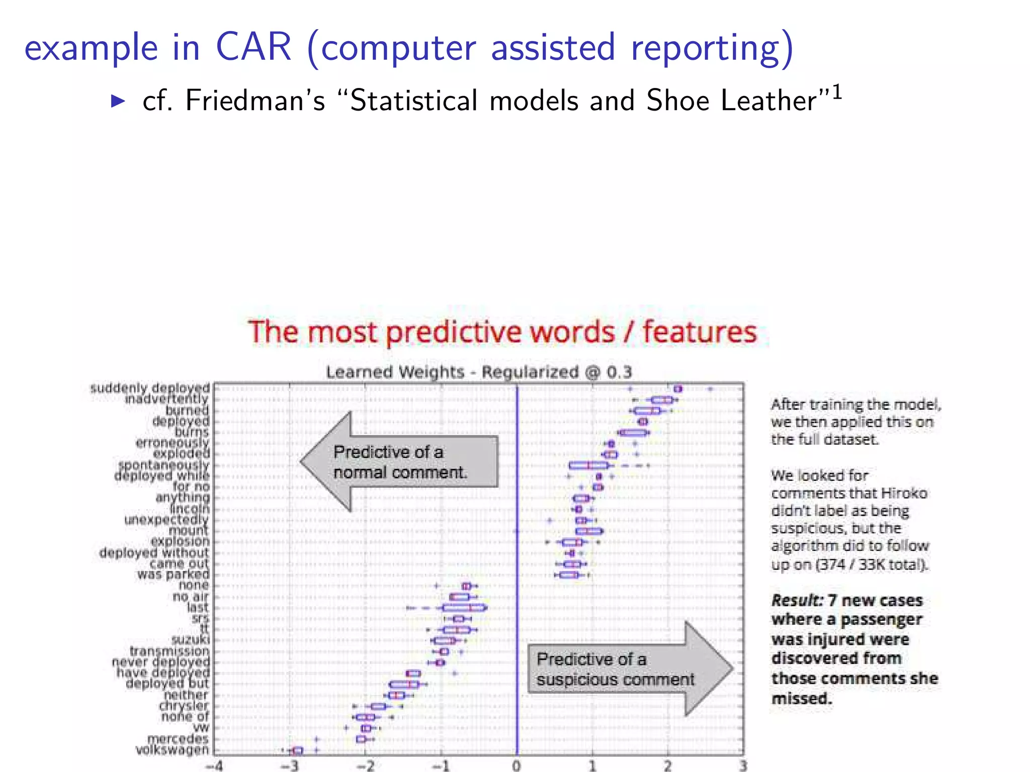 example in CAR (computer assisted reporting)
◮ cf. Friedman’s “Statistical models and Shoe Leather”1
 