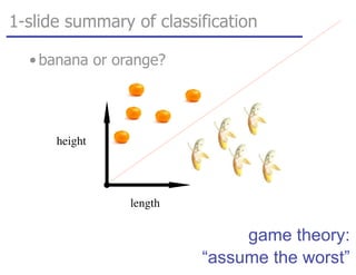 1-slide summary of classification
length
height
game theory:
“assume the worst”
• banana or orange?
 