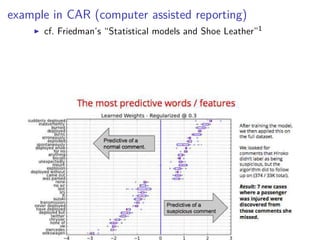 example in CAR (computer assisted reporting)
◮ cf. Friedman’s “Statistical models and Shoe Leather”1
 