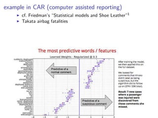 example in CAR (computer assisted reporting)
◮ cf. Friedman’s “Statistical models and Shoe Leather”1
◮ Takata airbag fatalities
 