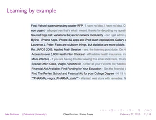 Learning by example
Jake Hofman (Columbia University) Classiﬁcation: Naive Bayes February 27, 2015 2 / 16
 