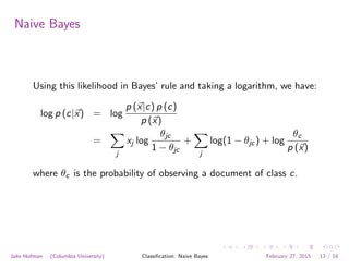 Naive Bayes
Using this likelihood in Bayes’ rule and taking a logarithm, we have:
log p (c|~x) = log
p (~x|c) p (c)
p (~x)
=
X
j
xj log
✓jc
1 − ✓jc
+
X
j
log(1 − ✓jc) + log
✓c
p (~x)
where ✓c is the probability of observing a document of class c.
Jake Hofman (Columbia University) Classiﬁcation: Naive Bayes February 27, 2015 13 / 16
 