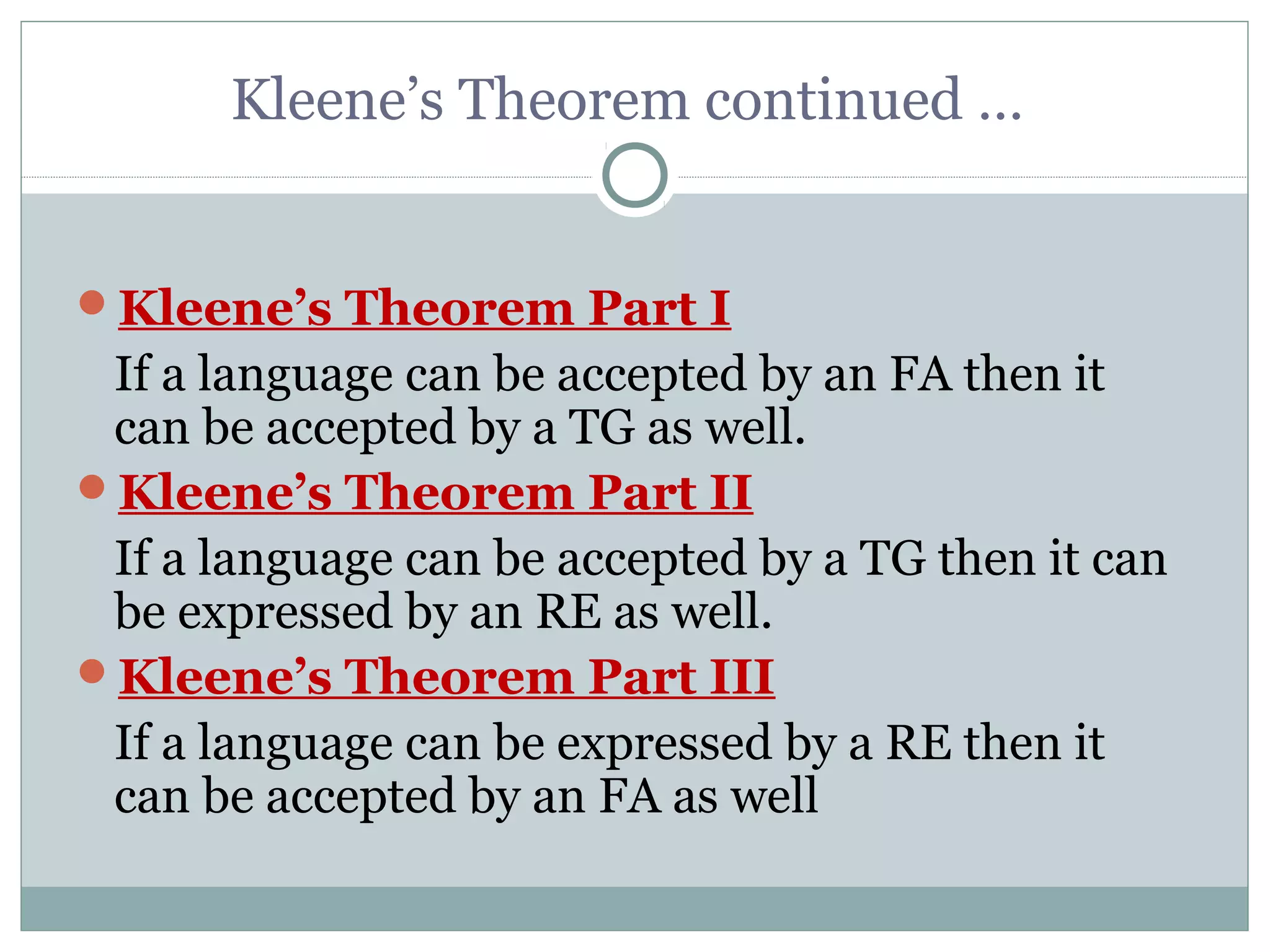 Kleene’s Theorem continued …
Kleene’s Theorem Part I
If a language can be accepted by an FA then it
can be accepted by a TG as well.
Kleene’s Theorem Part II
If a language can be accepted by a TG then it can
be expressed by an RE as well.
Kleene’s Theorem Part III
If a language can be expressed by a RE then it
can be accepted by an FA as well
 