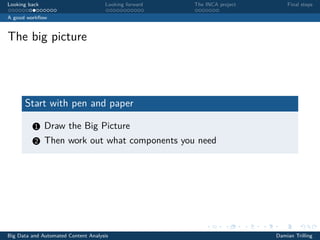 Looking back Looking forward The INCA project Final steps
A good workﬂow
The big picture
Start with pen and paper
1 Draw the Big Picture
2 Then work out what components you need
Big Data and Automated Content Analysis Damian Trilling
 