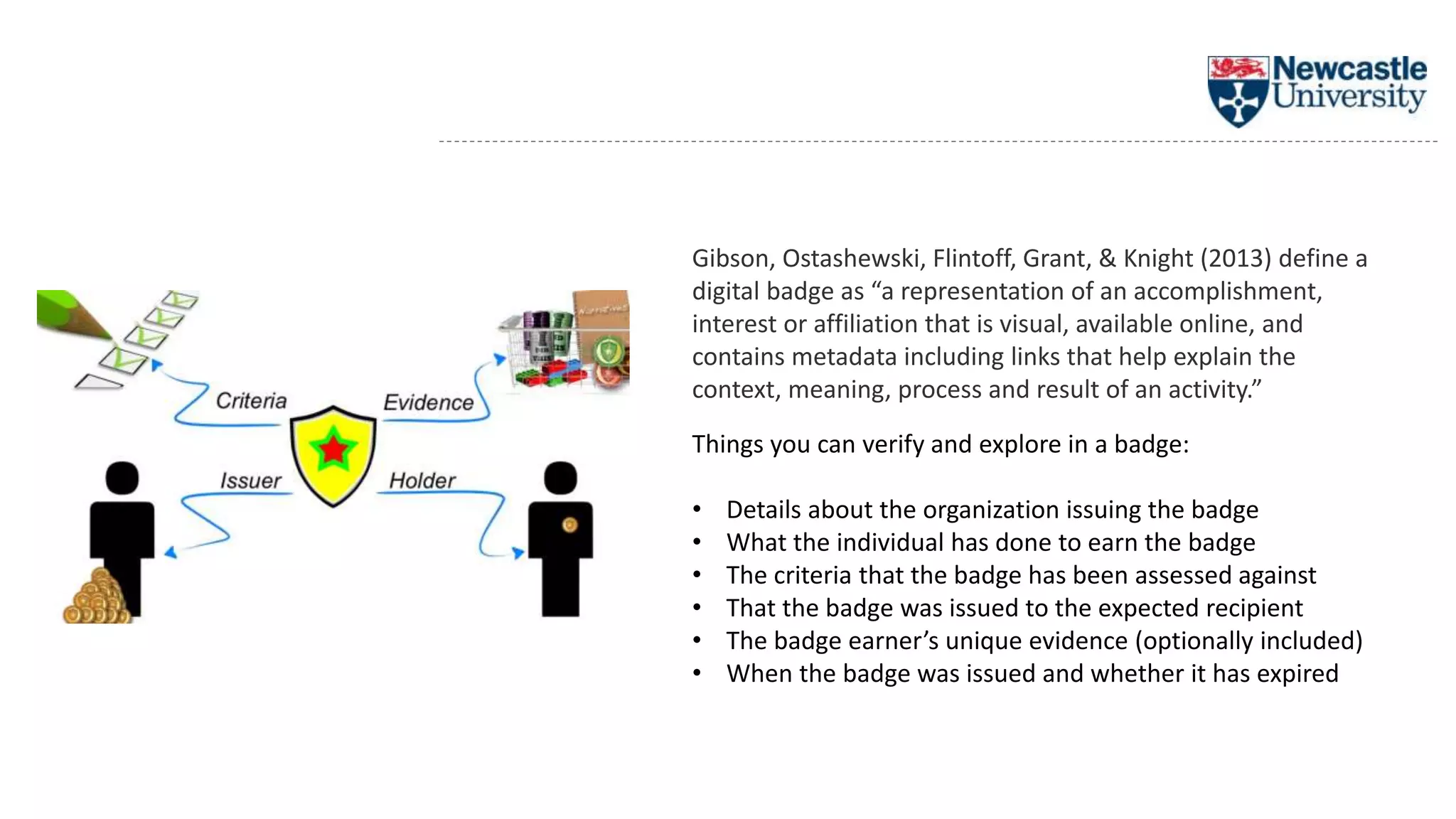 Gibson, Ostashewski, Flintoff, Grant, & Knight (2013) define a
digital badge as “a representation of an accomplishment,
interest or affiliation that is visual, available online, and
contains metadata including links that help explain the
context, meaning, process and result of an activity.”
Things you can verify and explore in a badge:
• Details about the organization issuing the badge
• What the individual has done to earn the badge
• The criteria that the badge has been assessed against
• That the badge was issued to the expected recipient
• The badge earner’s unique evidence (optionally included)
• When the badge was issued and whether it has expired
 