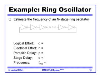CMOS VLSI Design
CMOS VLSI Design 4th Ed.
6: Logical Effort 10
Example: Ring Oscillator
 Estimate the frequency of an N-stage ring oscillator
Logical Effort: g = 1
Electrical Effort: h = 1
Parasitic Delay: p = 1
Stage Delay: d = 2
Frequency: fosc = 1/(2*N*d) = 1/4N
31 stage ring oscillator in
0.6 mm process has
frequency of ~ 200 MHz
 