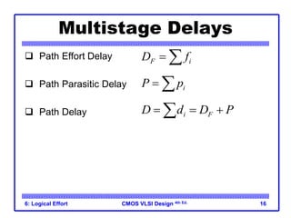 CMOS VLSI Design
CMOS VLSI Design 4th Ed.
6: Logical Effort 16
Multistage Delays
 Path Effort Delay
 Path Parasitic Delay
 Path Delay
F i
D f
 
i
P p
 
i F
D d D P
  

 