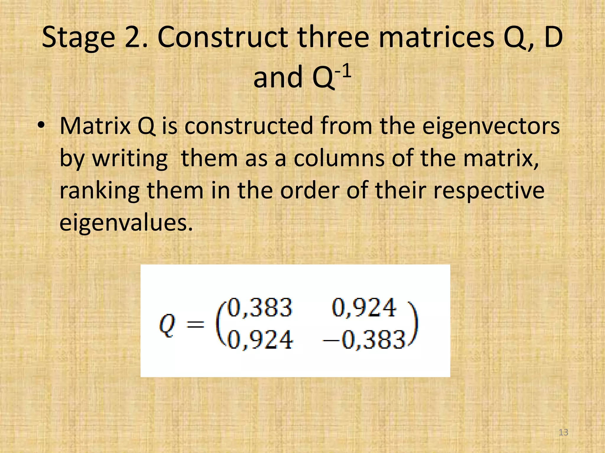 Stage 2. Construct three matrices Q, D
and Q-1
• Matrix Q is constructed from the eigenvectors
by writing them as a columns of the matrix,
ranking them in the order of their respective
eigenvalues.
13
 