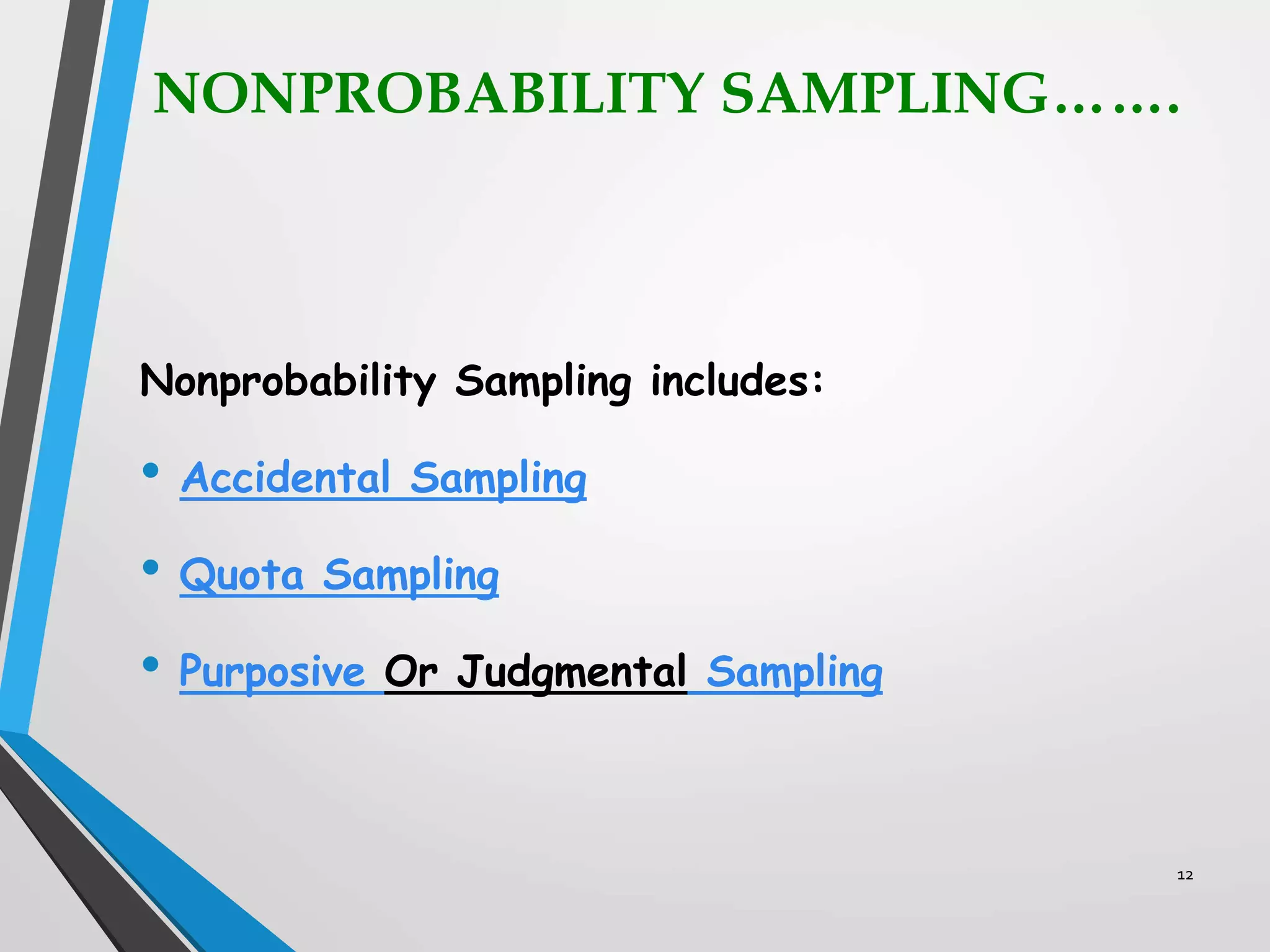 NONPROBABILITY SAMPLING…….
Nonprobability Sampling includes:
• Accidental Sampling
• Quota Sampling
• Purposive Or Judgmental Sampling
12
 