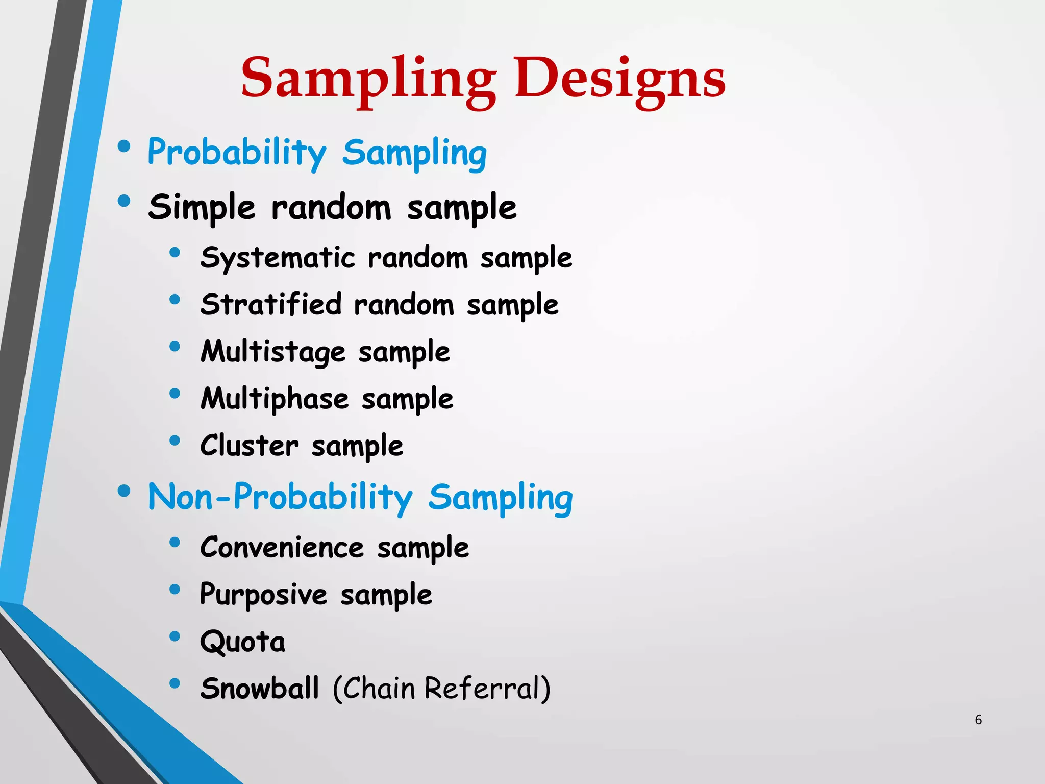 Sampling Designs
• Probability Sampling
• Simple random sample
• Systematic random sample
• Stratified random sample
• Multistage sample
• Multiphase sample
• Cluster sample
• Non-Probability Sampling
• Convenience sample
• Purposive sample
• Quota
• Snowball (Chain Referral)
6
 