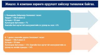 Жишээ: А компани хөрөнгө оруулалт хийхээр төлөвлөж байгаа.
I. Өнөөдрийн байдлаарх боломжит төсөл:
Зардал = 100,0 мянга $
Хугацаа = 20 жил
Хүлээгдэж буй өгөөж = 7%
Хамгийн бага өртөгтэй санхүүжилтийн эх үүсвэр нь зээл = 6%
II. 1 долоо хоногийн дараах боломжит төсөл:
Зардал = 100,0 мянга $
Хугацаа = 20 жил
Хүлээгдэж буй өгөөж = 12% Хамгийн бага өртөгтэй санхүүжилтийн эх
үүсвэр нь энгийн хувьцаа = 14%
 