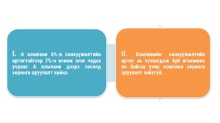 I. А компани 6%-н санхүүжилтийн
өртөгтэйгээр 7%-н өгөөж олж чадах
учраас А компани дээрх төсөлд
хөрөнгө оруулалт хийнэ.
II. Компанийн санхүүжилтийн
өртөг нь хүлээгдэж буй өгөөжөөс
их байгаа учир компани хөрөнгө
оруулалт хийхгүй.
 