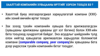 ХААЛТТАЙ КОМПАНИЙН ХУВЬЦААНЫ ӨРТГИЙГ ХЭРХЭН ТООЦОХ ВЭ ?
• Хаалттай буюу хязгаарлагдмал хариуцлагатай компани (ХХК)-
ийн эзний өмчийн өртөг тооцох
• Зах зээлд тухайн компанийн хувьцаа бага арилжаалагдсан
(хувьцааны арилжааны цувааны урт хэт богино) болон ХХК-ийн
бета тооцоход хүндрэлтэй байдаг. Энэ асуудлыг шийдэхийн тулд
олон нийтэд хувьцаагаа арилжаалсан харьцуулах боломжтой
компани (comparable company, peer company)йн хувьцааны бета
дээр үндэслэж тухайн компанийн бетаг тооцдог.
 