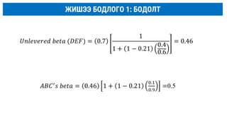ЖИШЭЭ БОДЛОГО 1: БОДОЛТ
𝑈𝑛𝑙𝑒𝑣𝑒𝑟𝑒𝑑 𝑏𝑒𝑡𝑎 (𝐷𝐸𝐹) = 0.7
1
1 + 1 − 0.21
0.4
0.6
= 0.46
𝐴𝐵𝐶′
𝑠 𝑏𝑒𝑡𝑎 = 0.46 1 + 1 − 0.21
0.1
0.9
=0.5
 